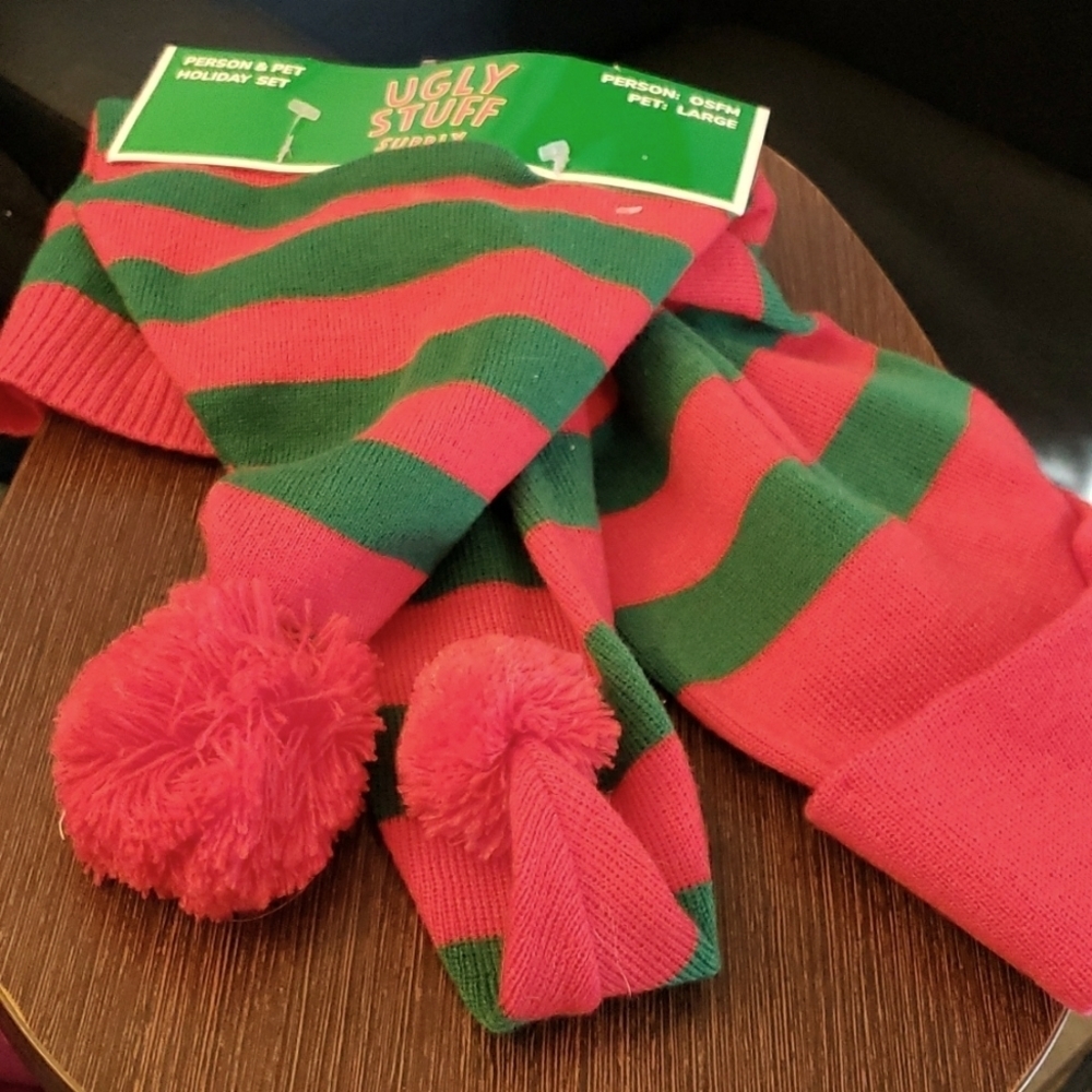 Ugly Stuff Red & Green Striped Long Beanie w/PomPom for a Person & a Pet Size L